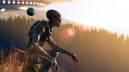 Wall Mural - alien landed on our planet earth in mountains at the sunset contemplating our beautiful nature - con