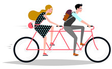 Young Couple Riding A Tandem Bicycle At Work. Vector
