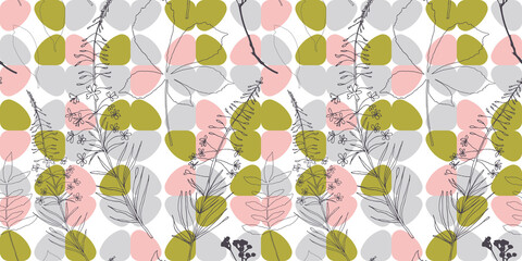 Poster - Botanical vector seamless pattern. Hand drawn plants, wildflowers, leaves and herbs on abstract background with simple geometric shapes.