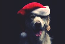 Close-up Of Dog Wearing Santa Hat Against Black Background