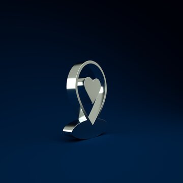 Silver Map pointer with heart icon isolated on blue background. Valentines day. Love location. Romantic map pin. Minimalism concept. 3d illustration 3D render.