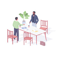 Poster - Managers holding business meeting realistic isometric. Male characters discussing working presentation at table.