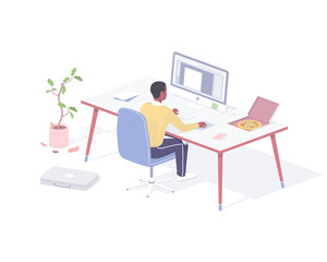Poster - Man eating snack at workplace realistic isometry. Male character sitting computer in office with an open pizza box.
