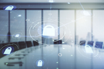 Poster - Virtual creative lock symbol and microcircuit illustration on a modern conference room background. Protection and firewall concept. Multiexposure