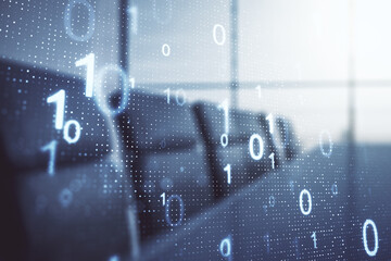 Poster - Double exposure of abstract virtual binary code hologram on a modern meeting room background. Database and programming concept