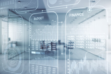 Multi exposure of abstract virtual graphic data spreadsheet sketch on a modern furnished classroom background, analytics and analysis concept