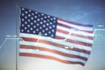 Poster - Abstract virtual stats data hologram on USA flag and sunset sky background. Multiexposure