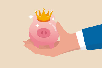 Wall Mural - Best investment, winning pension fund or bargain stock picking with high return, safety deposit saving for retirement concept, businessman hand offer shinny pink piggy bank with golden king crown.