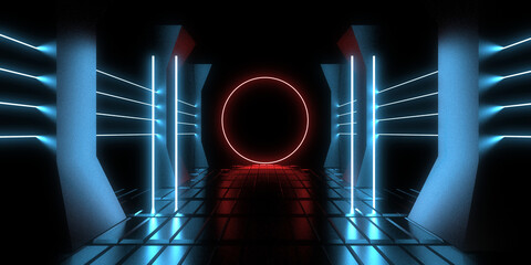 3D abstract background with neon lights. neon tunnel .space construction . 3d illustration