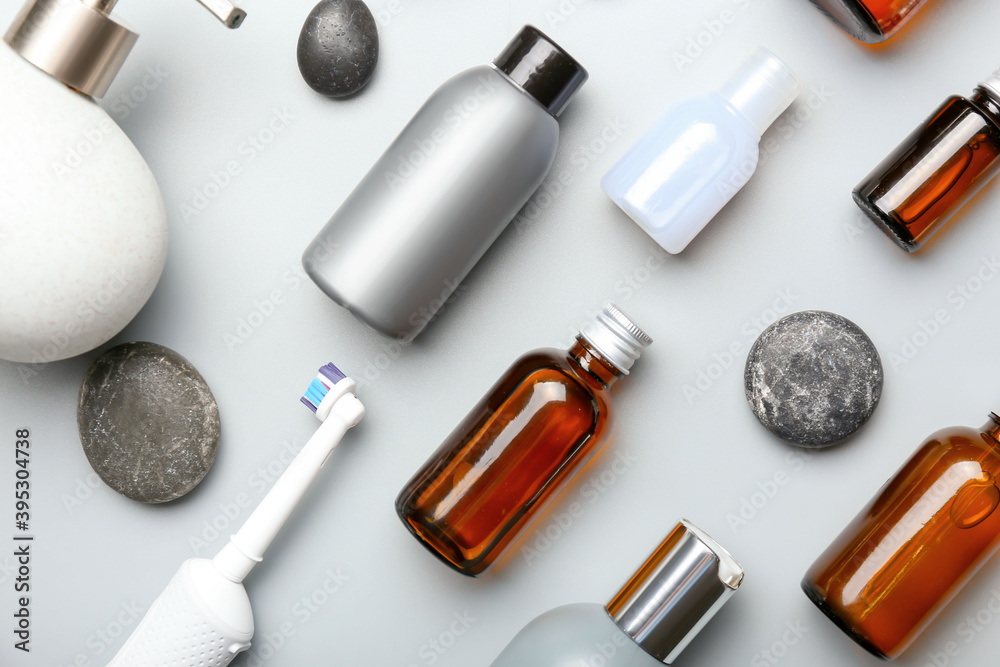 Composition with bath cosmetics on light background