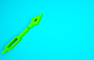 Green Medieval spear icon isolated on blue background. Medieval weapon. Minimalism concept. 3d illustration 3D render.