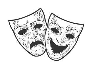 Wall Mural - theater masks symbol sad and joyful sketch engraving vector illustration. T-shirt apparel print design. Scratch board imitation. Black and white hand drawn image.
