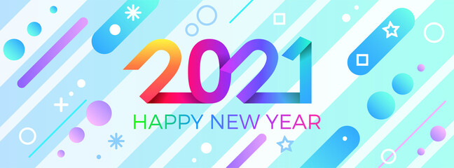 Wall Mural - 2021 Happy New Year. Paper Memphis geometric bright style for holidays flyers, greetings, invitations, Happy New Year or Merry Christmas cards. Holiday background, poster, banner. Vector Illustration.