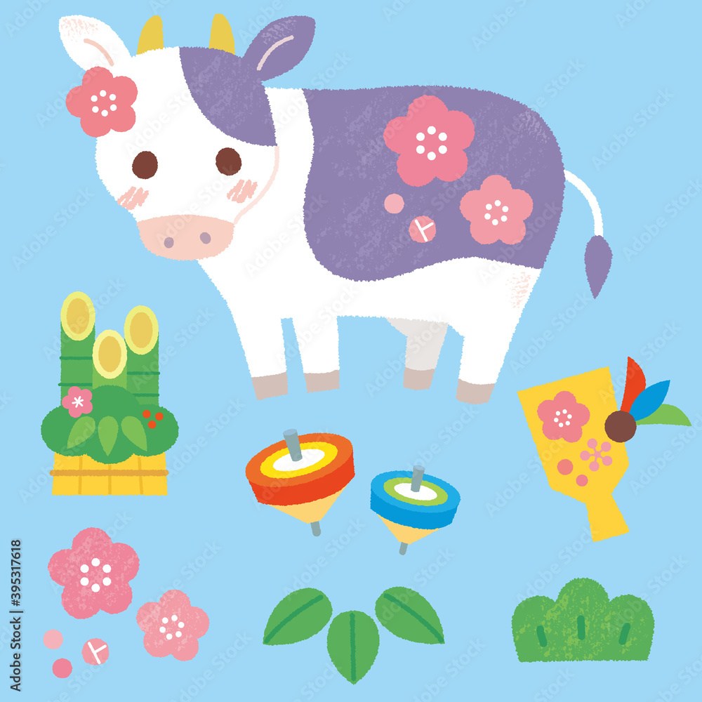 牛のイラスト お正月カットのセット ライン無し牛白 Wall Mural Shibu