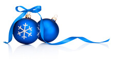 Two Blue Christmas Decoration Baubles With Ribbon Bow Isolated On A White Background.