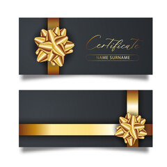 Set of luxury black cards with gold gift bows with ribbons.