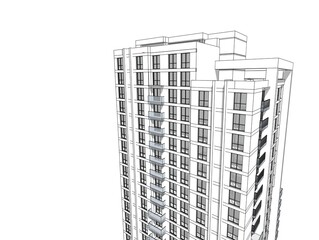 Poster - Abstract 3D illustration of a residence building facade. Close up view from top floors with shadows.