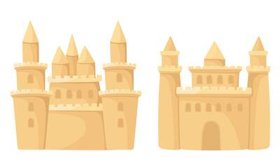 Wall Mural - Built Sand Castle with Towers and Windows Vector Set