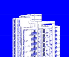 Poster - Abstract 3D illustration of a residence building facade. Close up view from top floors in hand sketch style. White building in blue background.