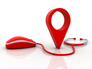 Aufkleber - 3d rendering Red map pointer with mouse connected stethoscope

