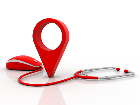 3d rendering Red map pointer with mouse connected stethoscope
