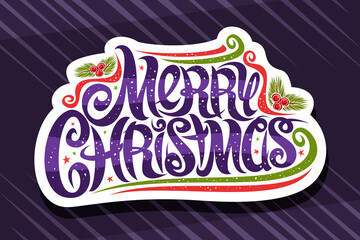 Wall Mural - Vector logo for Merry Christmas, cut paper signage with swirly calligraphic font, red and green decorative flourishes and curls, unique brush lettering for words merry christmas on purple background.