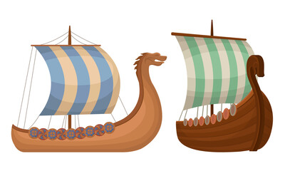 Wall Mural - Viking Ship or Scandinavian Marine Vessels with Dragon Head Vector Set