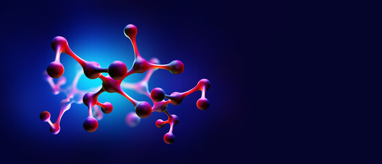Poster - Molecule 3D illustration. Biology, chemistry, medicine scientific background. Atomic bonds studies with a microscope inside body. Nanotechnology and Science of Future