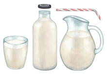 Watercolor Collection Of The Plant Based Milk In The Glass, Jug And Bottle