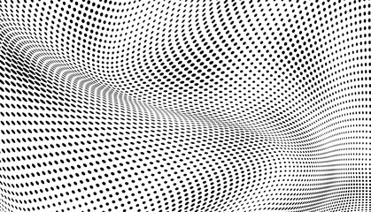 The halftone texture is monochrome. A wave of dots. Abstract black and white texture. Ink dots randomly placed on a white background. Pop art texture for printing on wrapping paper, business cards