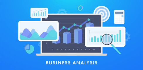 Poster - business analysis and financial data concept. marketing and finance dashboard on a laptop screen wit