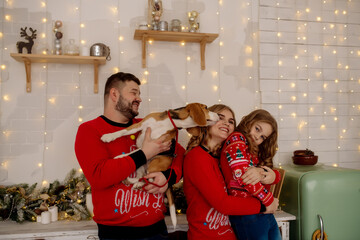 Wall Mural - Young Caucasian beautiful family mom and dad are standing and holding their son, daughter and dog at home among the Christmas decorations in the kitchen. Family life style portrait at home
