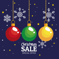 Wall Mural - merry christmas offer sale spheres hanging design, winter season and decoration theme Vector illustration