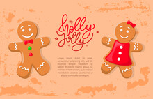 Holiday Gingerbread Of Man And Woman, Smiling Girl In Bright Dress And Boy With Bow And Buttons. Holly Paper Card With Traditional Cookies Vector