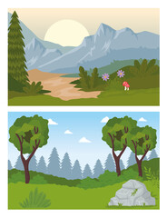 Sticker - two landscapes scenes with forest trees vector illustration design