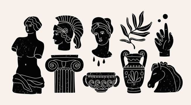 Various Antique statues, branch, amphora, hand. Mythical, ancient greek or roman style. Hand drawn Vector illustrations. Stamp texture. Classic statues in modern style. All elements are isolated