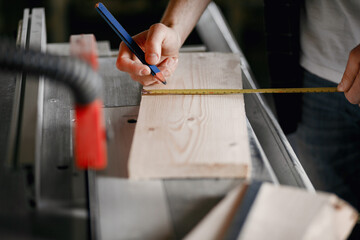 Wall Mural - Craftsman cutting a wooden plank. Worker with wood. Man in a blue shirt.