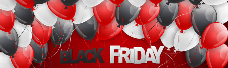 Wall Mural - Black Friday Sale banner or website header. Big discount of the year design concept with shiny helium balloons, typography text, and colorful confetti. Vector illustration.