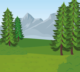 Wall Mural - field camp landscape scene with pines trees vector illustration design