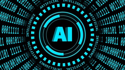 Poster - AI - abstract Artificial Intelligence background - binary code arranged in cylinder shape - lettering around and central of HUD elements - cyber technology and automation - 3D illustration