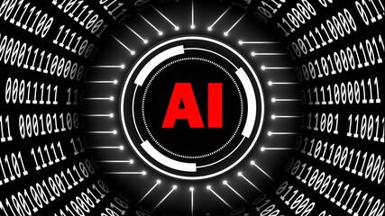 Poster - AI - abstract Artificial Intelligence background - binary code arranged in cylinder shape - red letters in center of HUD elements - cyber technology and automation - 3D illustration