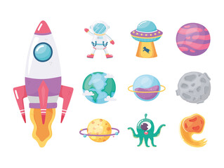 Wall Mural - space galaxy astronomy cartoon icons set spaceship astronaut comet ufo planet and alien