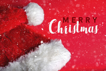 Poster - Merry Christmas Santa hat with snow on red background.