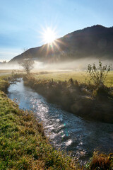 Foggy fields in autumn surrounding a small creek