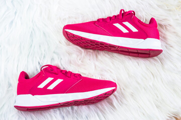 Pink sneakers. Healthy lifestyle. Home exercise Minimalist workout ideas