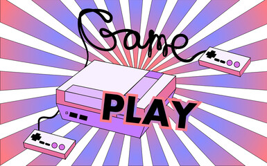 Poster - Old vintage retro hipster antique game console for video games with joysticks and gameplay on the background of the 70's, 80's, 90's. The background.  illustration