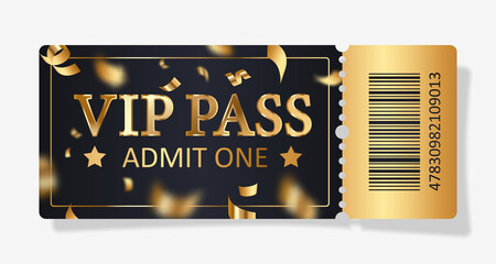 Black ticket VIP pass, admit one with gold confetti for concert, party, cinema, theatre with golden text, letters and barcode. Vector illustration for advertising, promotion, banner, poster.