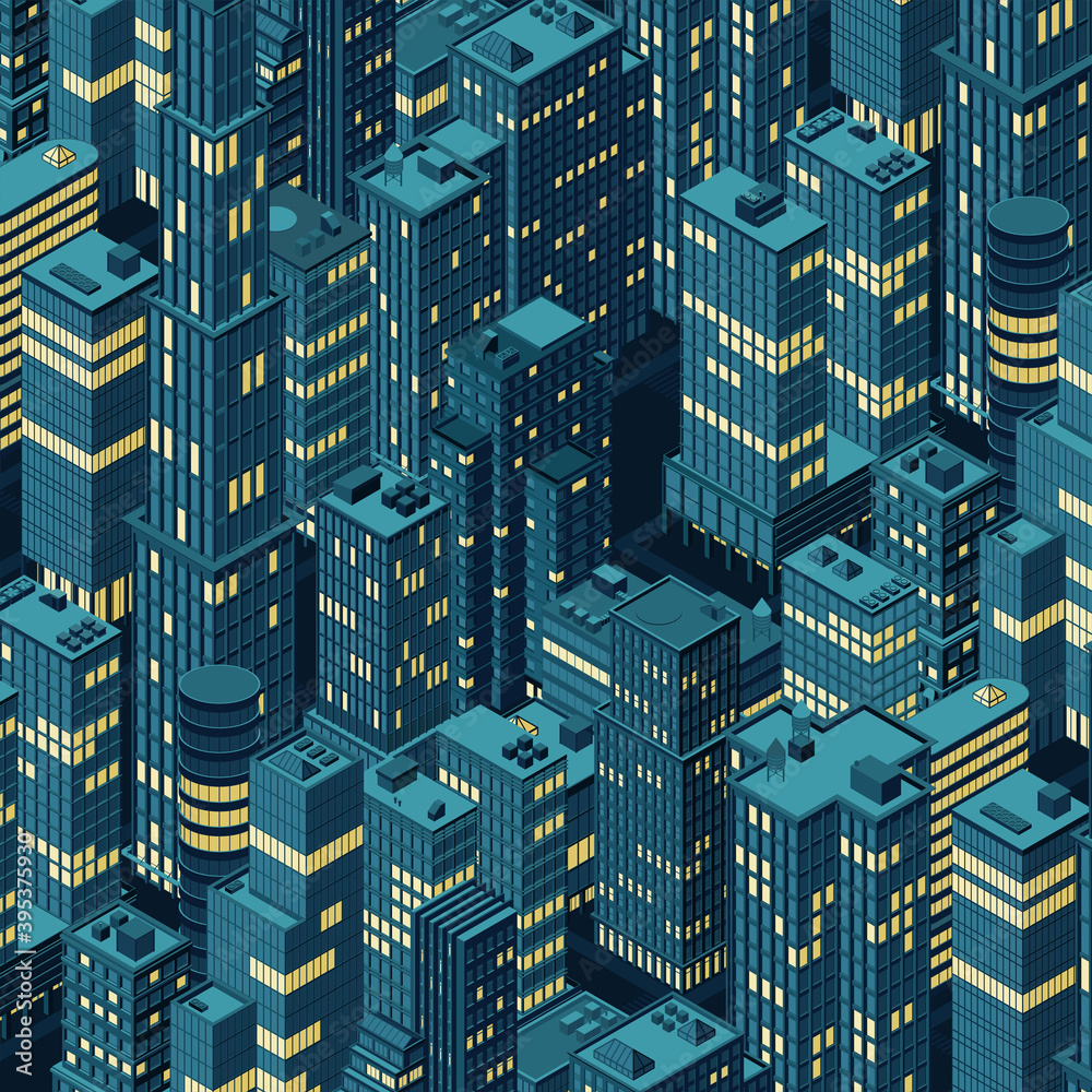Isometric night city skyline. Vector illustration in flat design. Stock ...