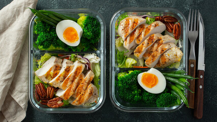 Healthy meal prep containers with green beans, chicken breast and broccoli. A set of food for keto diet in lunchbox on a dark concrete background. Top view