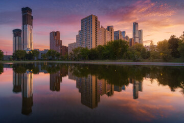 Moscow city in Russia at dramatic sunset. Park Krasnogvardeyskiye Prudy (pond Krasnogvardeyskiy)